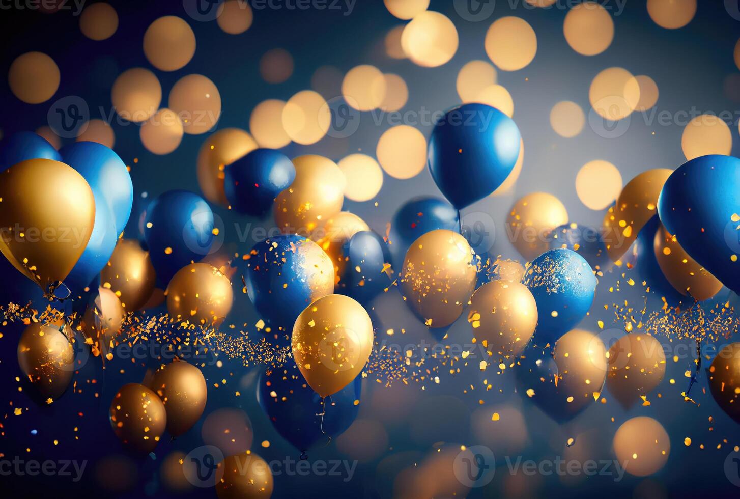 Blau und Gold Luftballons zum Neu Jahr Party Feier mit Konfetti Hintergrund. generativ ai foto