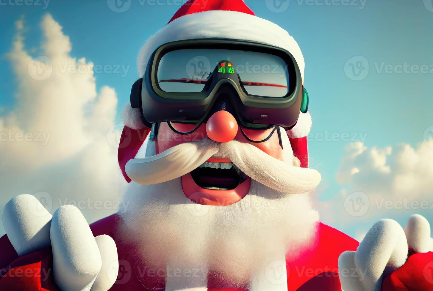Nahansicht Kopf Schuss von Santa claus Gesicht fliegend auf im das Blau Himmel und wolkig Hintergrund. fröhlich Weihnachten und glücklich Neu Jahr Konzept. Digital Kunst Illustration. generativ ai foto
