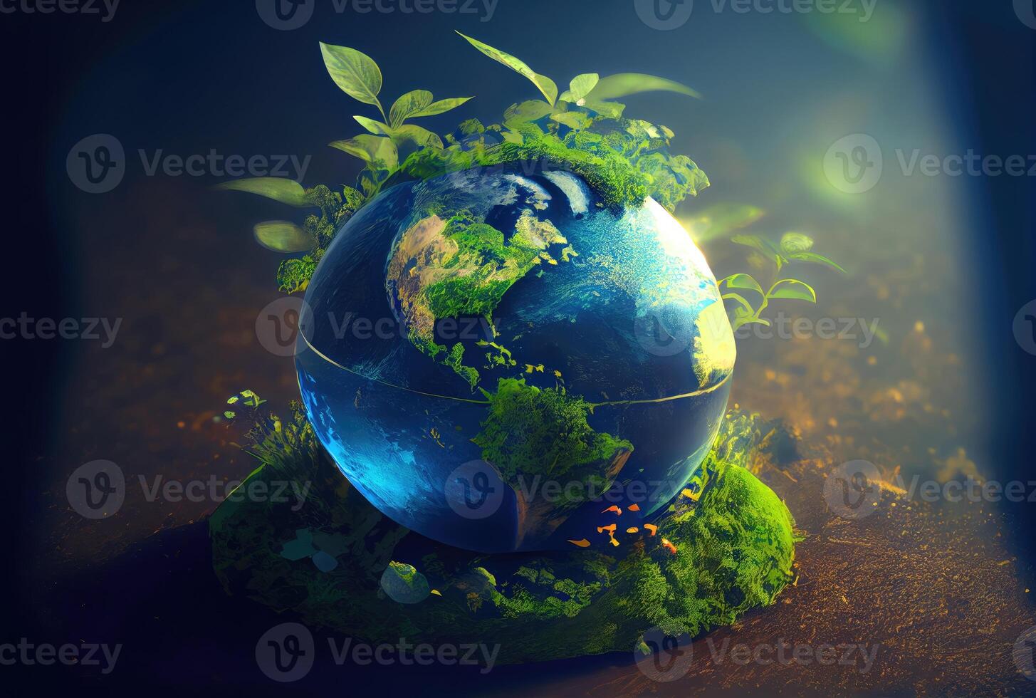 schön Blau Globus auf das Boden mit dekorieren im Sommer- Jahreszeit Hintergrund. Schönheit im Natur und Welt Erde Tag Konzept. generativ ai foto
