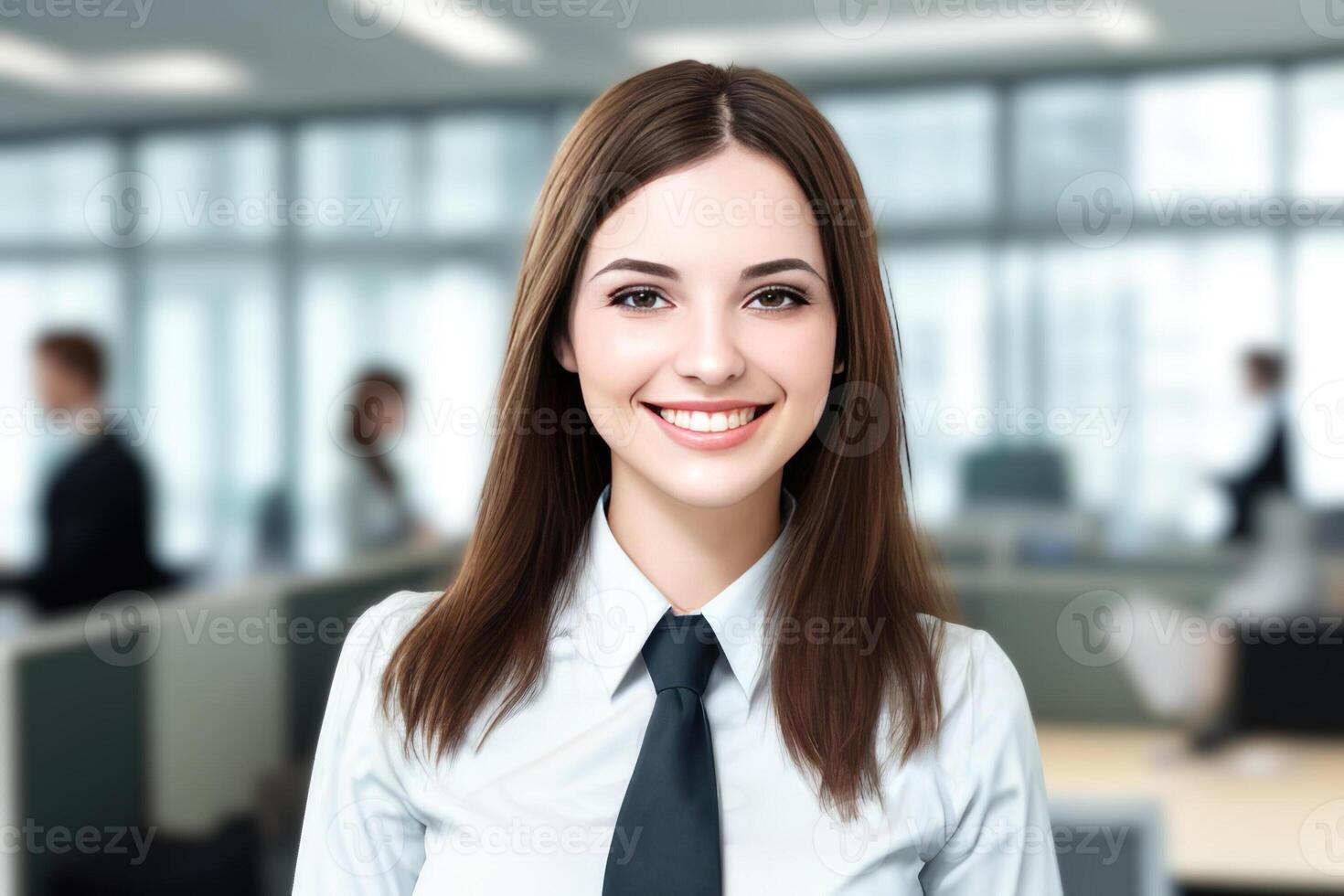 jung lächelnd Geschäftsfrau, Stehen im verwischen Hintergrund von Büro. generativ ai foto