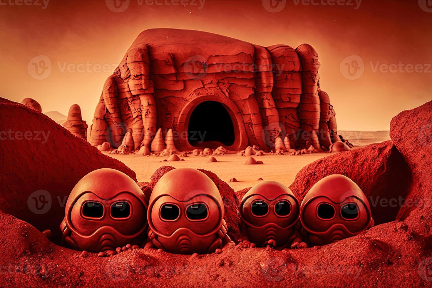 Aliens auf rot Außerirdischer Planet Mars Illustration generativ ai foto