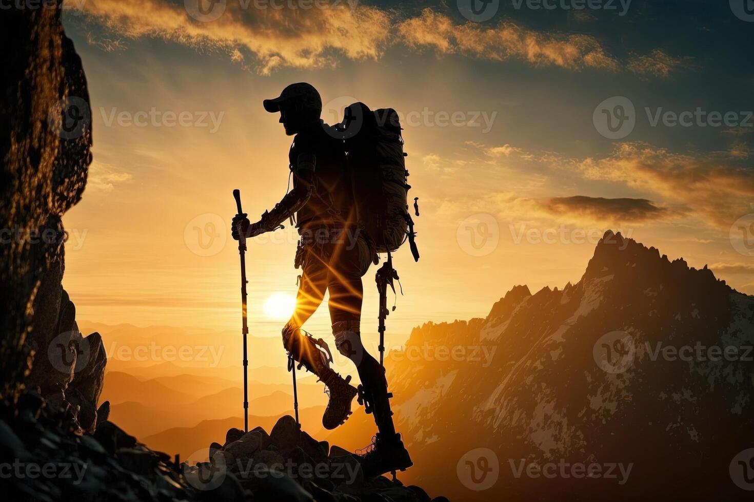 Silhouette von Prothese Bergsteiger auf ein clif beim Sonnenuntergang. aktiv Menschen mit Behinderungen. Illustration generativ ai foto
