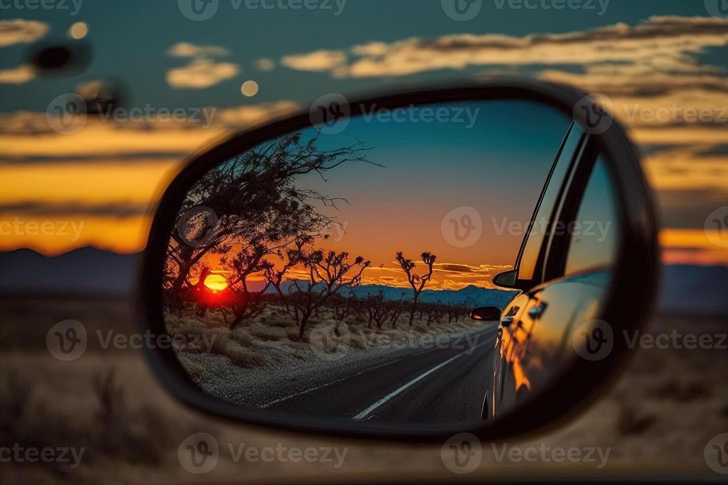 Autospiegel - Auto Rückspiegel mit Orangen, roten Sonnenuntergang und  Strandwache mit Palmen als Silhouette in der Reflexion Stockfotografie -  Alamy