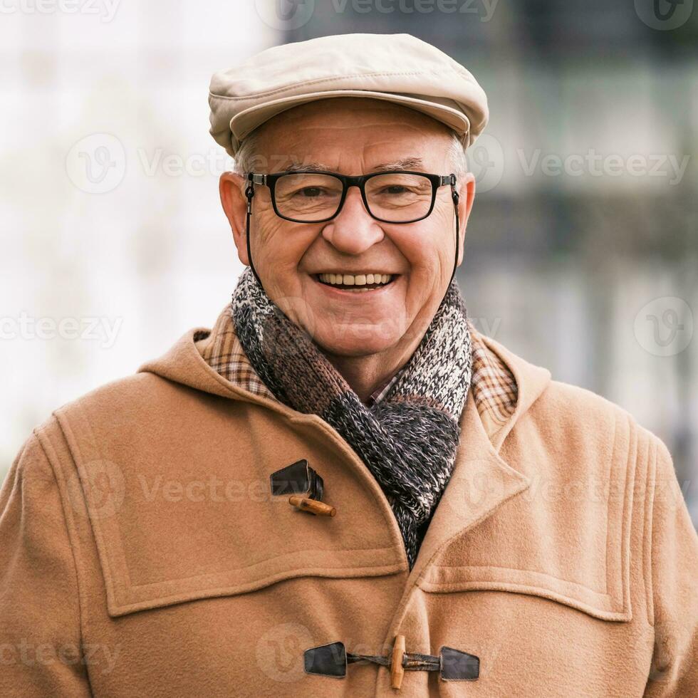 draussen Porträt von ein Senior Mann im Winter Mantel foto