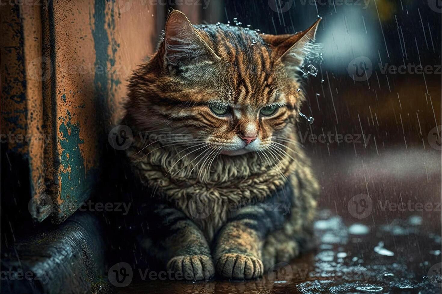 Katze, traurig einsam verlassen, unter das Regen Illustration generativ ai foto