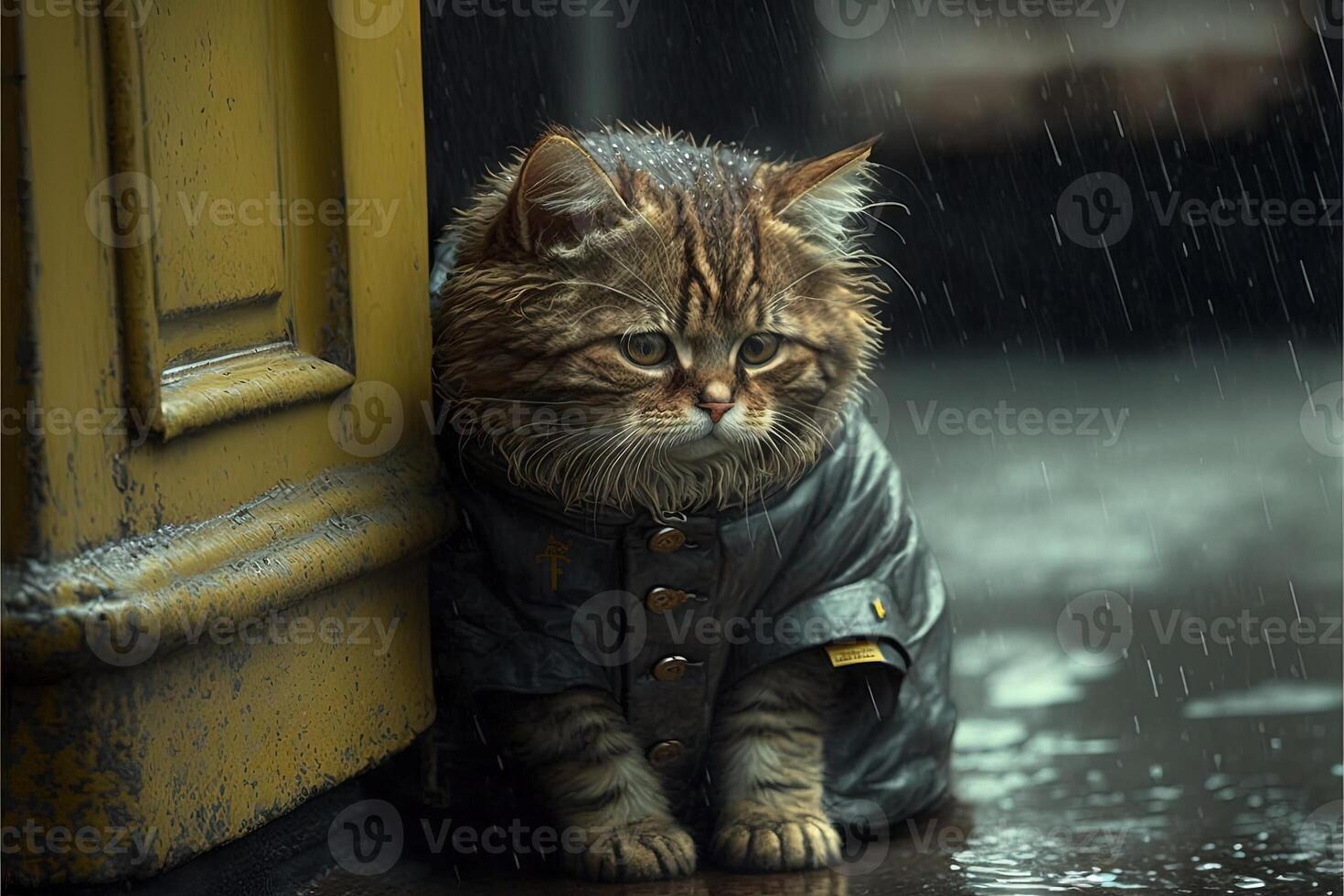 Katze, traurig einsam verlassen, unter das Regen Illustration generativ ai foto