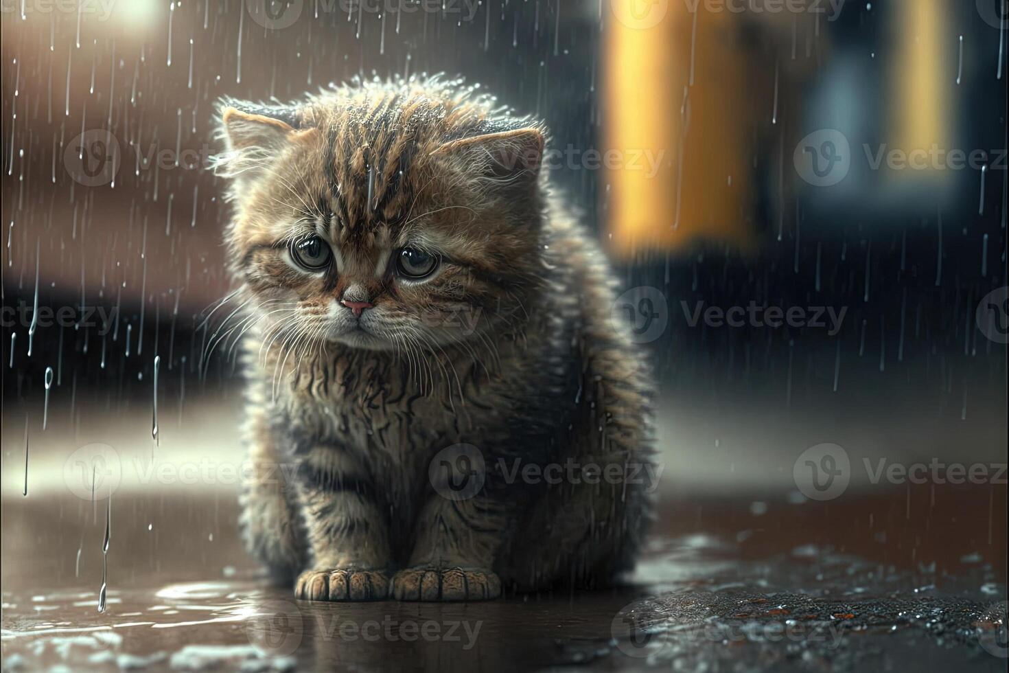 Katze, traurig einsam verlassen, unter das Regen Illustration generativ ai foto