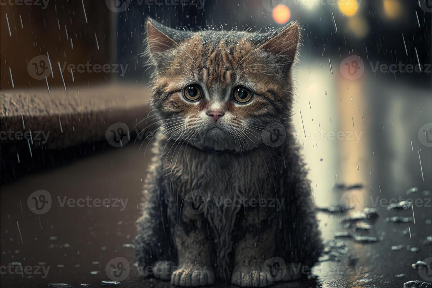 Katze, traurig einsam verlassen, unter das Regen Illustration generativ ai foto