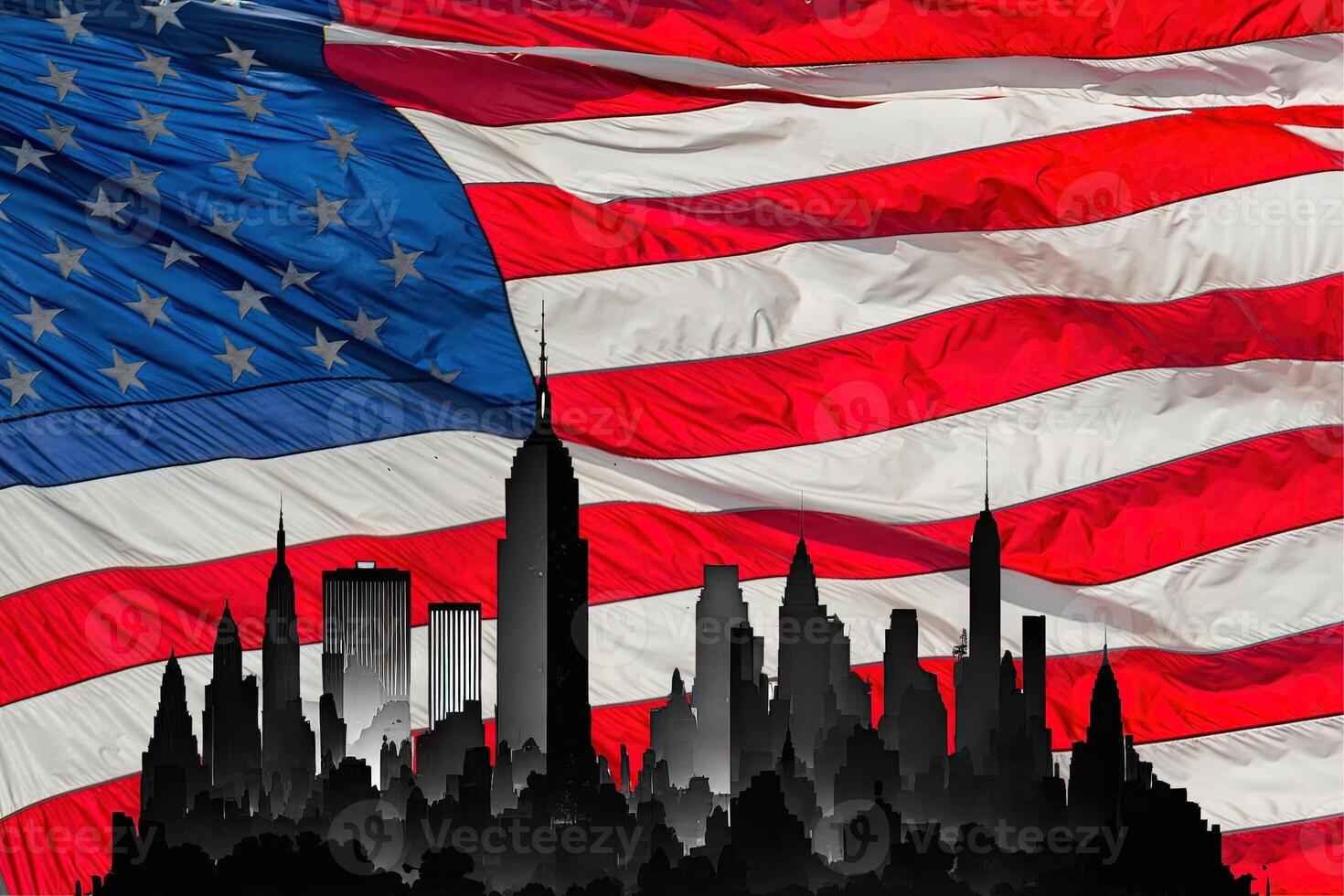 Silhouette Stadtbild aus Neu York Stadt mit Statue von Freiheit und Flagge Hintergrund Illustration generativ ai foto