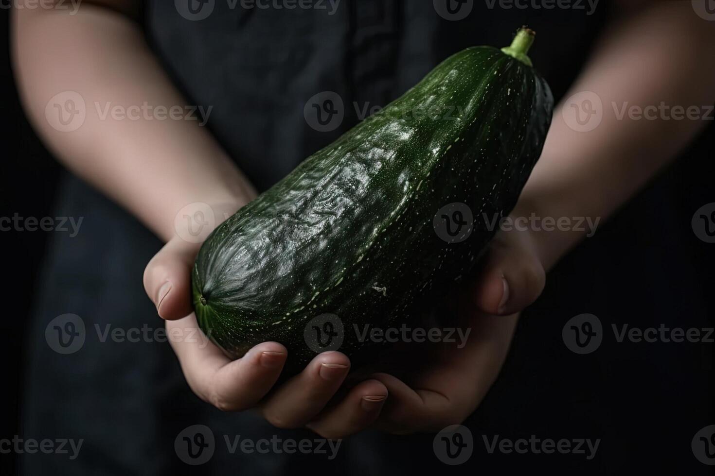 weiblich Hand von Frau halten lange Riese Gurke Illustration generativ ai foto