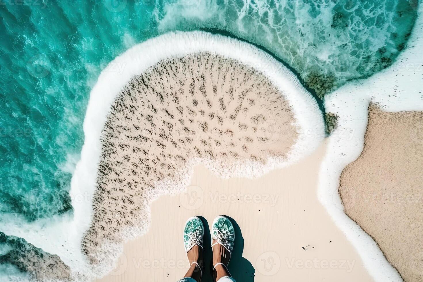 Frau Füße auf sandig Strand mit Meer Schaum Illustration generativ ai foto