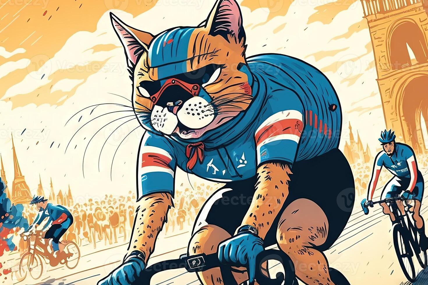 süß Radfahrer Katze Reiten Fahrrad beim das Tour de Frankreich und Radfahren Illustration generativ ai foto