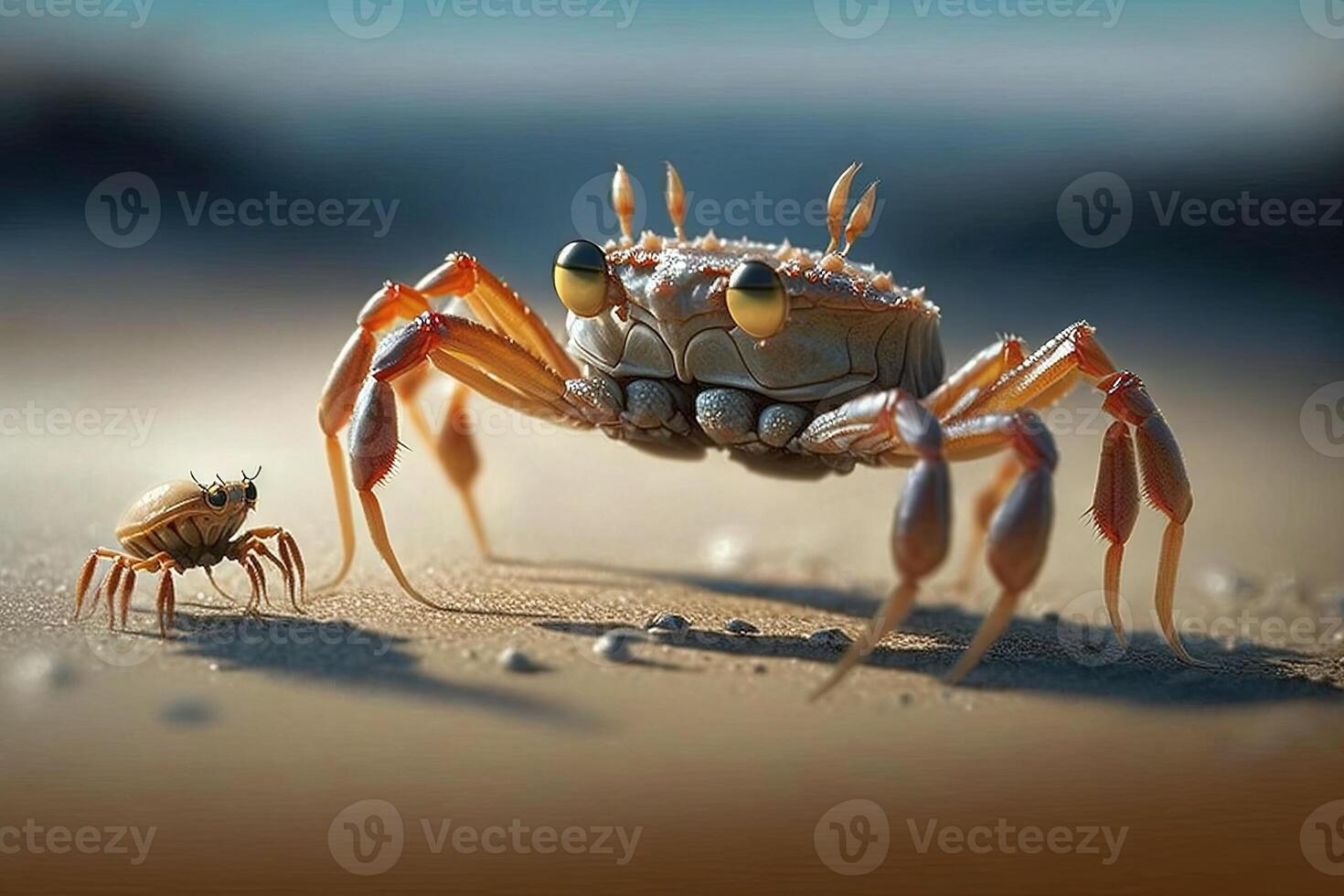 Krabbe auf das Strand mit klein wenig Jungtier Krabbe Illustration generativ ai foto