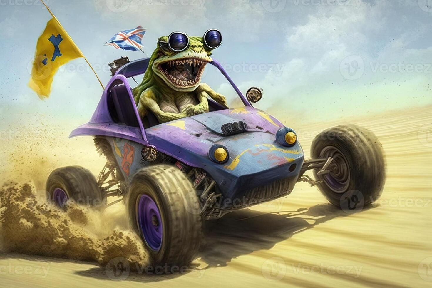 verrückt Frosch Fahren Düne Buggy auf das sandig Strand Illustration generativ ai foto