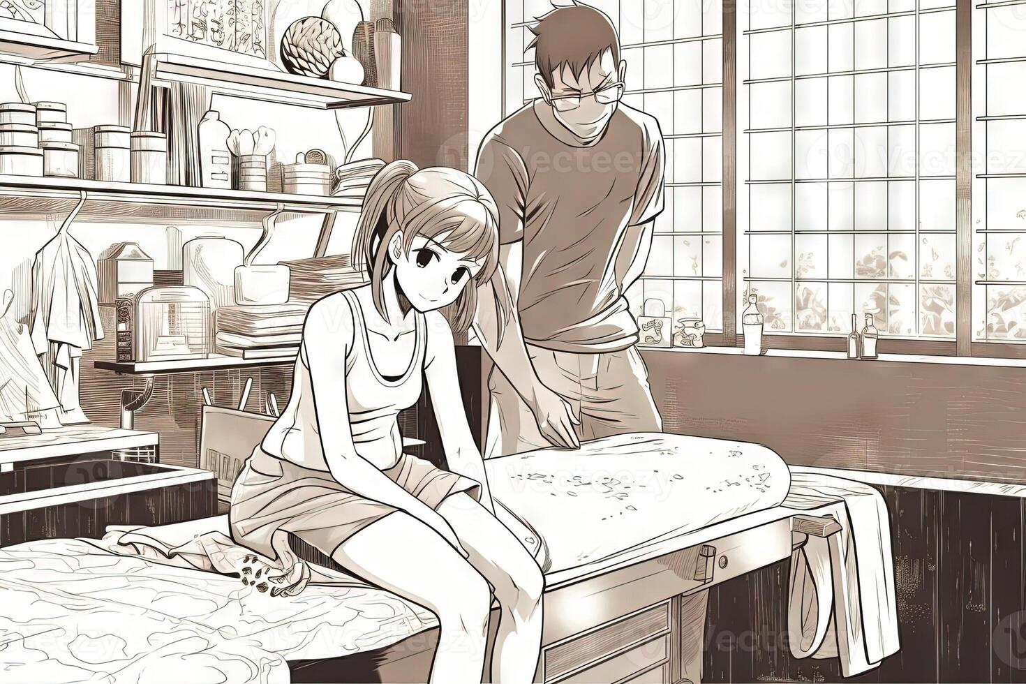 Anime süß jung Mädchen Masseuse beim Massage Salon, Manga Stil Illustration generativ ai foto