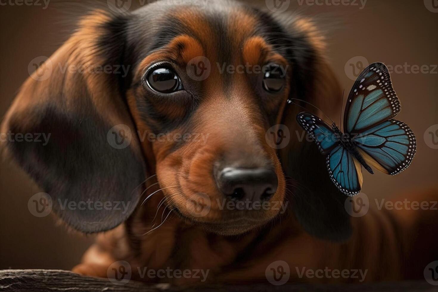 Dackel Hund mit Riese Schmetterling auf Nase Illustration generativ ai foto