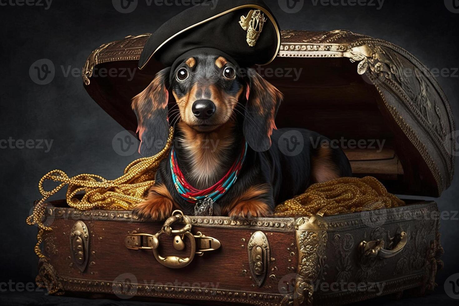 Dackel Hund Pirat im ein Schatz Truhe Illustration generativ ai foto