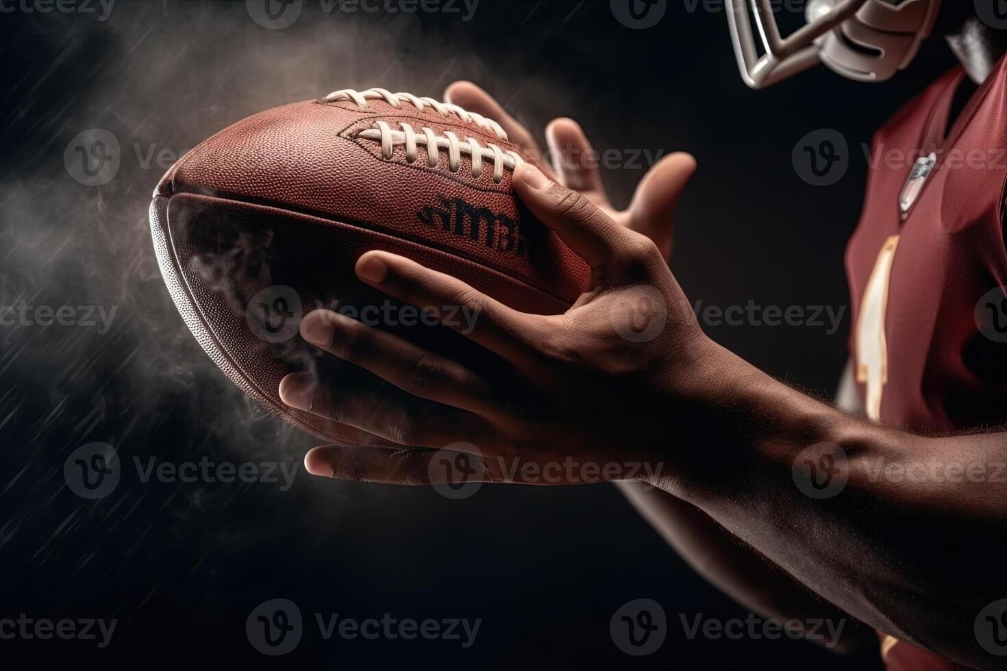 Energie Detail von amerikanisch Fußball auf Spieler Hände Sportler im Aktion. fangen das Ball Illustration generativ ai foto