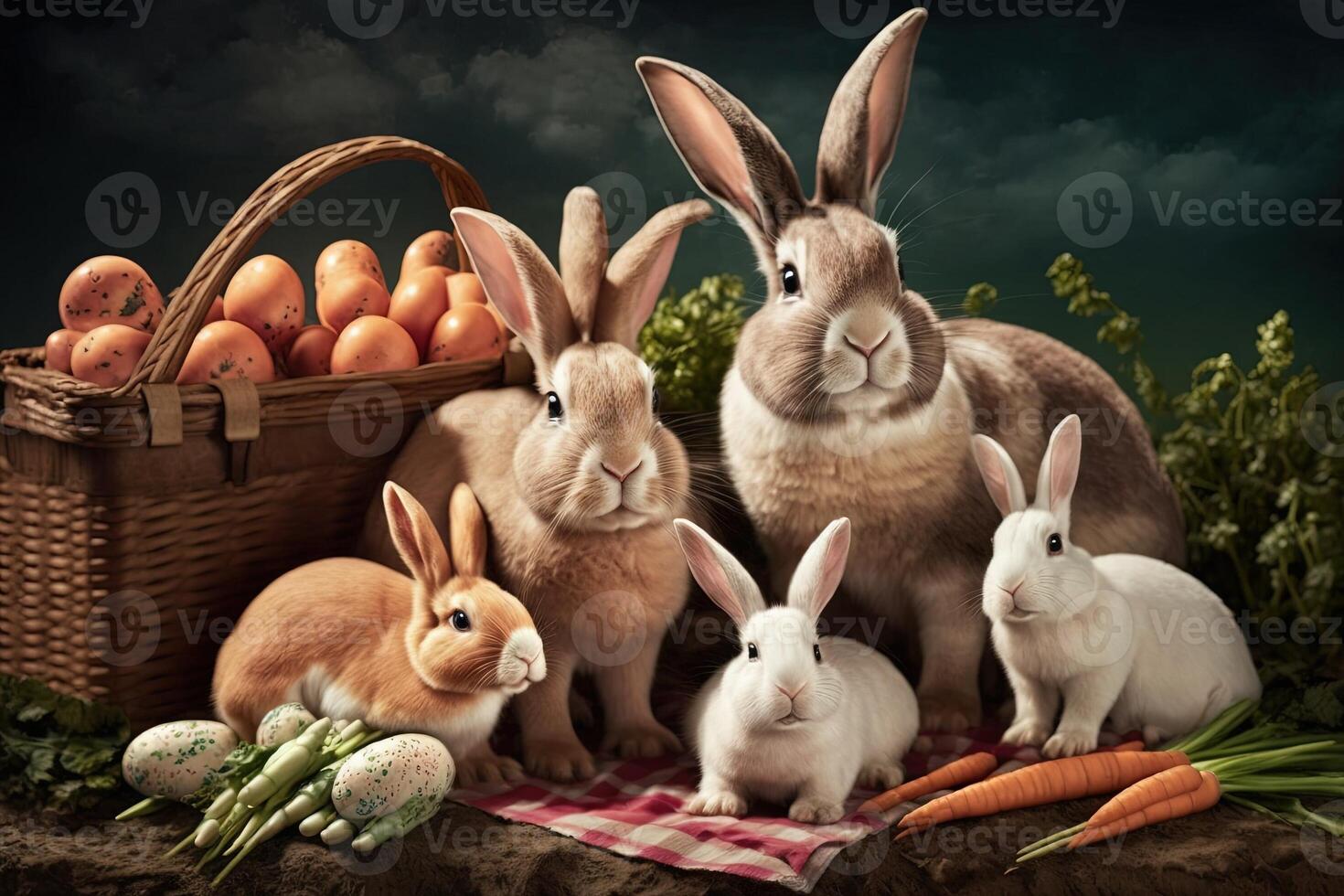 Familie von Hasen haben ein Ostern Picknick, mit ein Korb von Möhren, Eier, und Sandwiches Ostern Illustration generativ ai foto