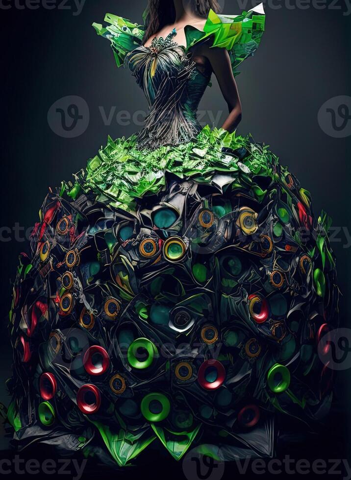 Mode Kleid gemacht durch recycelt Müll Plastik Illustration generativ ai foto