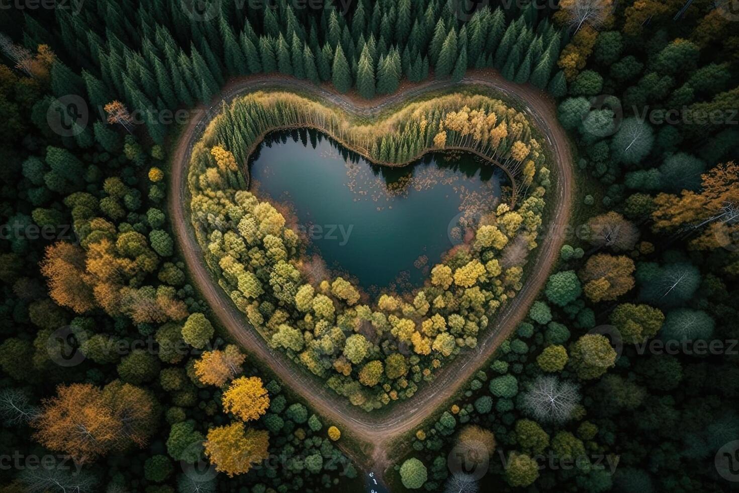 Wald Herz gestalten Antenne oben Aussicht Illustration generativ ai foto