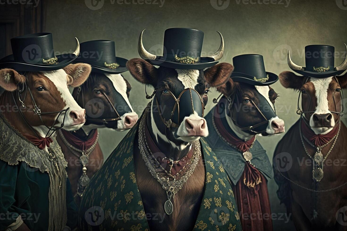 Kühe und Bullen Tiere gekleidet im viktorianisch Epoche Kleidung Illustration generativ ai foto