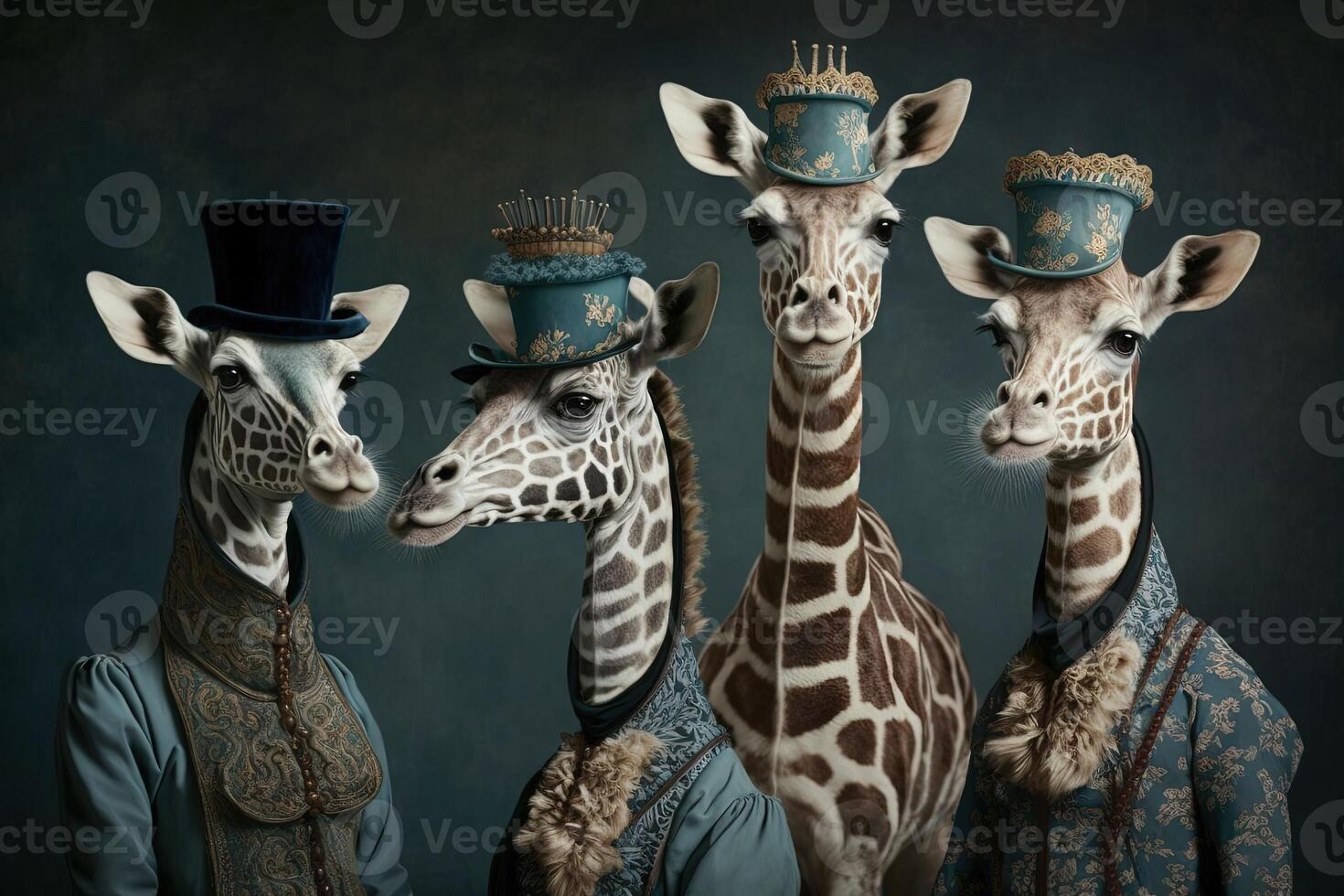 Giraffe Tiere gekleidet im viktorianisch Epoche Kleidung Illustration generativ ai foto