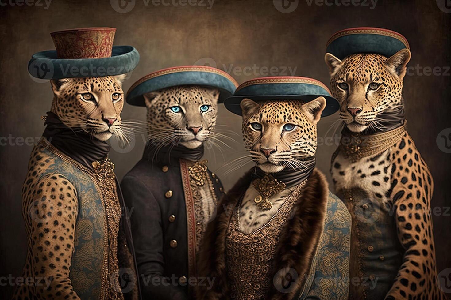 Leopard Tiere gekleidet im viktorianisch Epoche Kleidung Illustration generativ ai foto