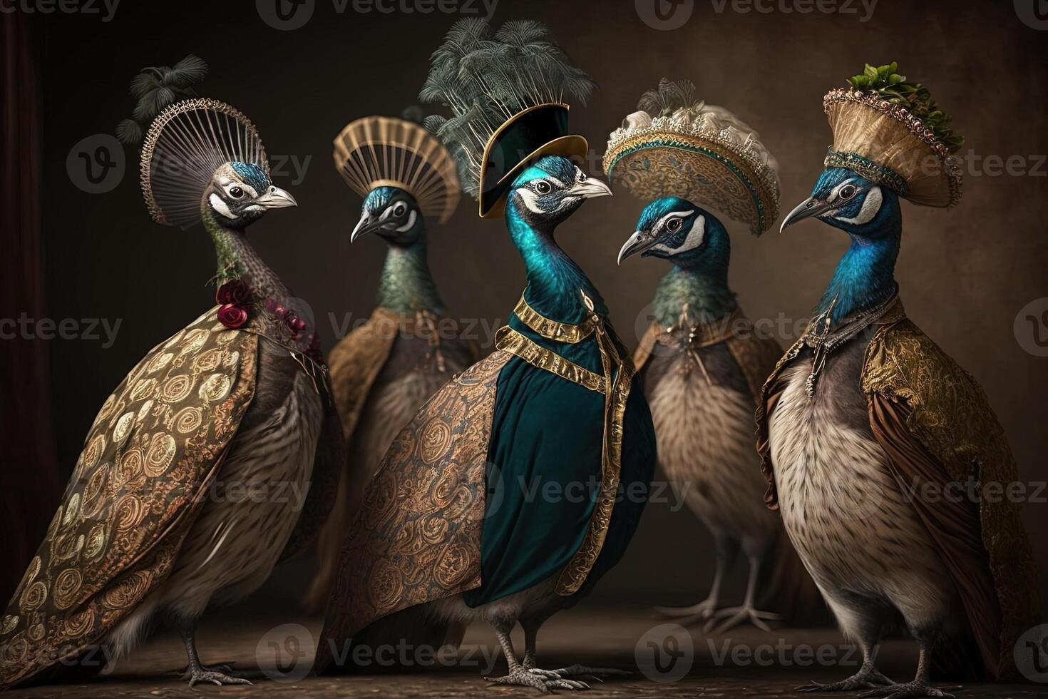 Pfau Tiere gekleidet im viktorianisch Epoche Kleidung Illustration generativ ai foto