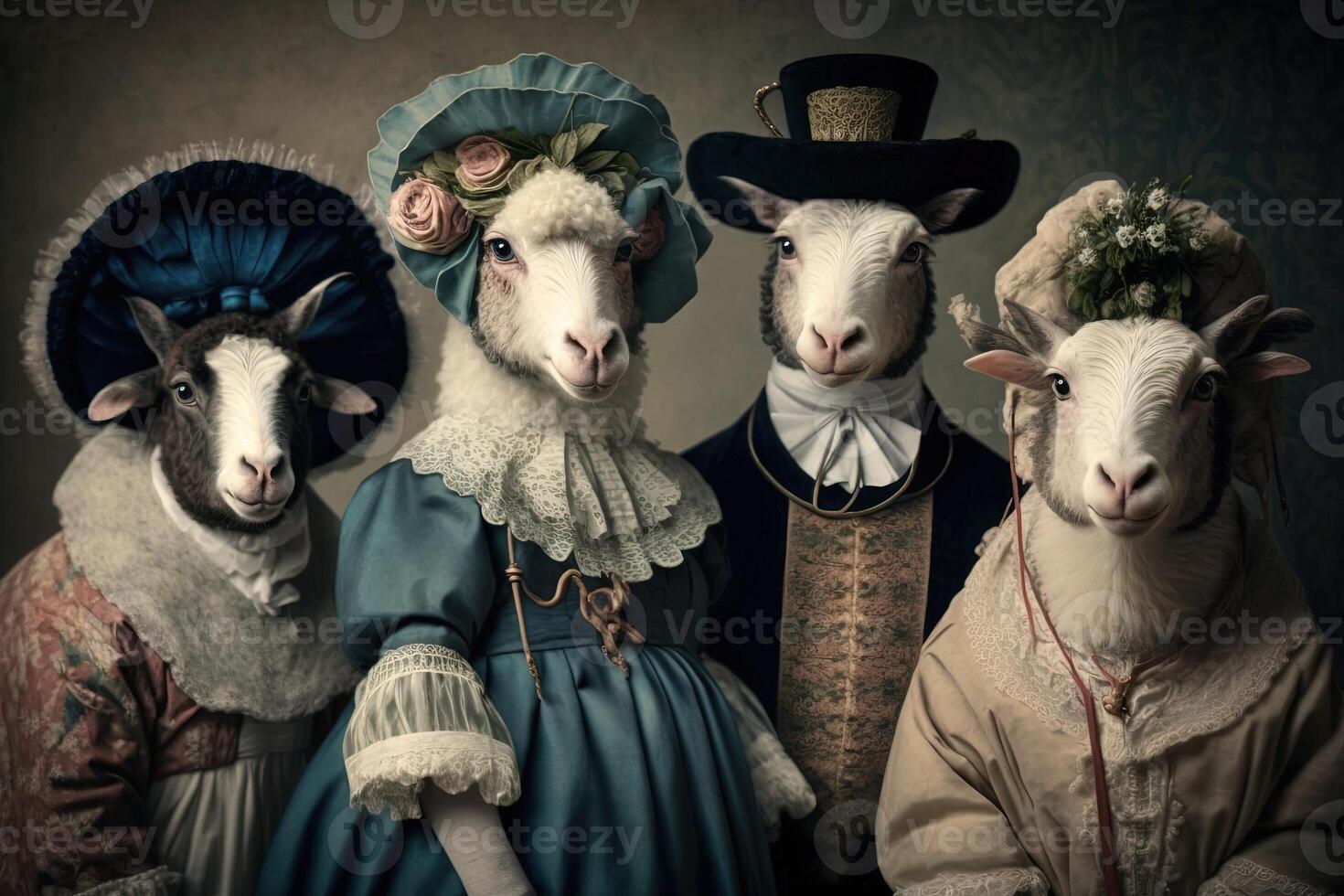 Schaf Tiere gekleidet im viktorianisch Epoche Kleidung Illustration generativ ai foto