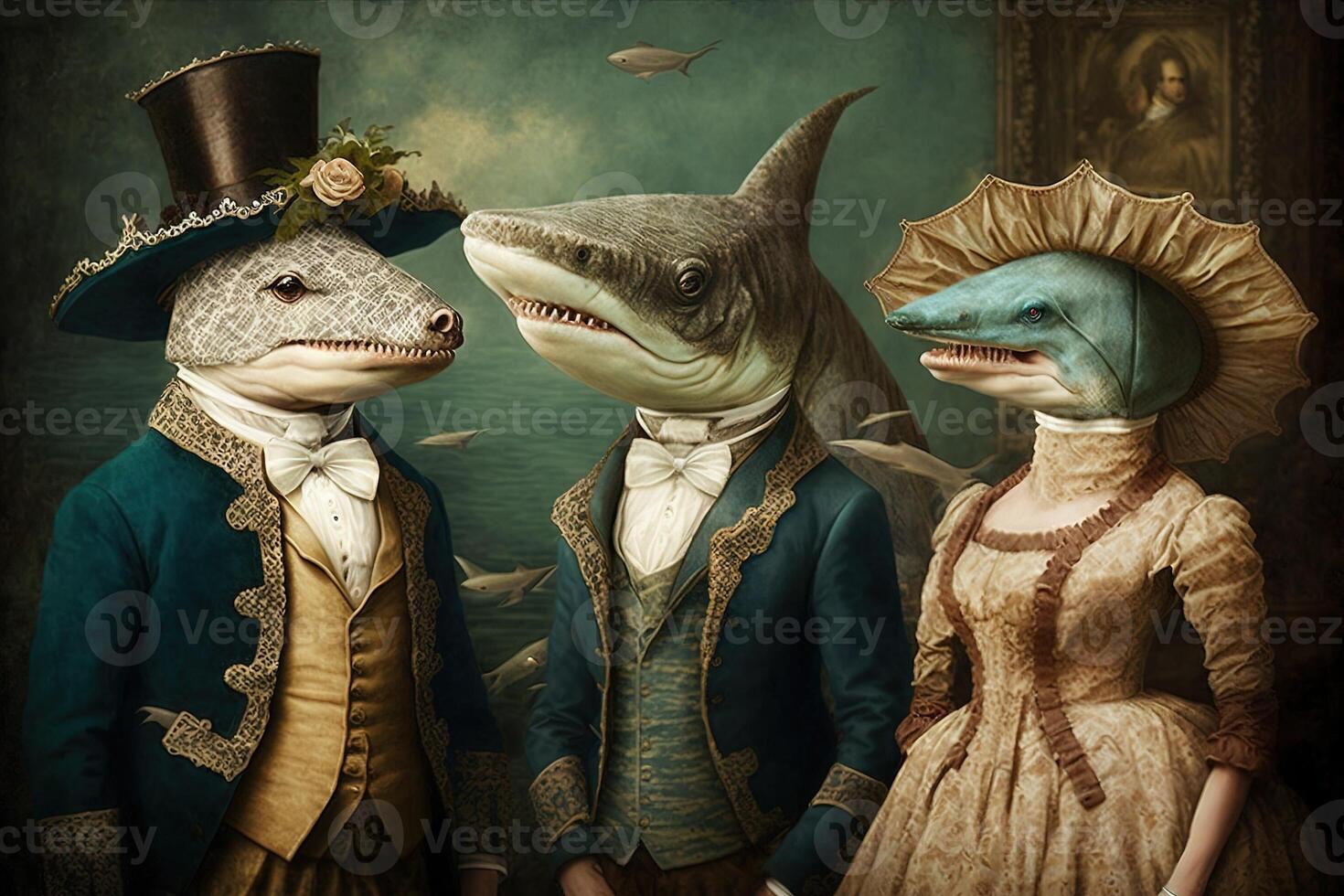 Hai Tiere gekleidet im viktorianisch Epoche Kleidung Illustration generativ ai foto