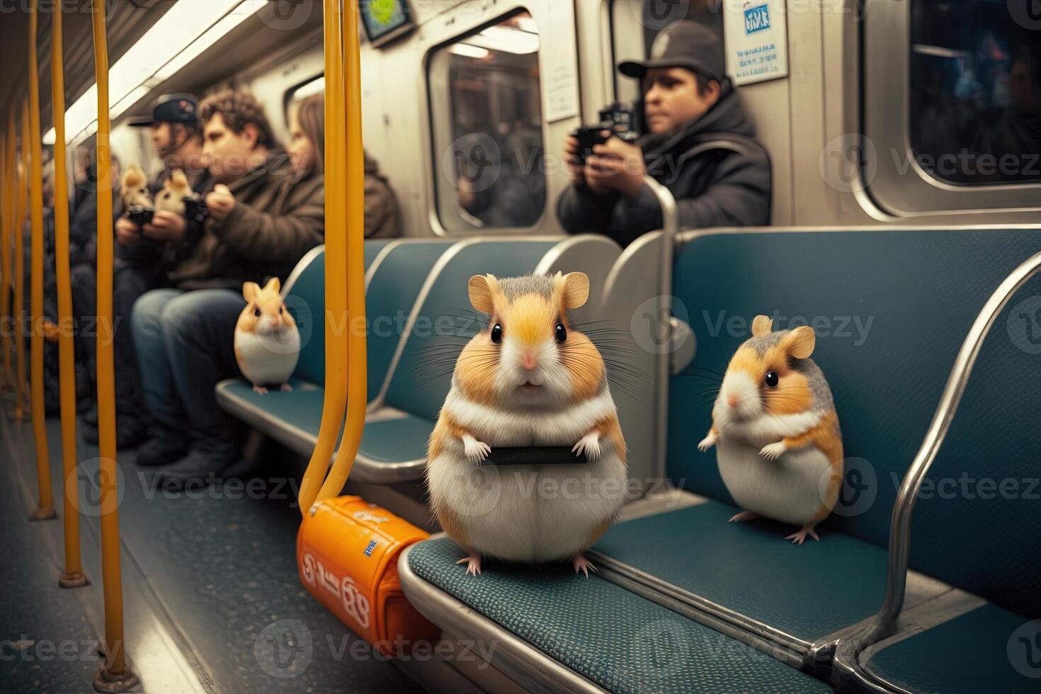 Hamster Tier auf Neu York Stadt U-Bahn unter Tage Metro Zug Illustration generativ ai foto