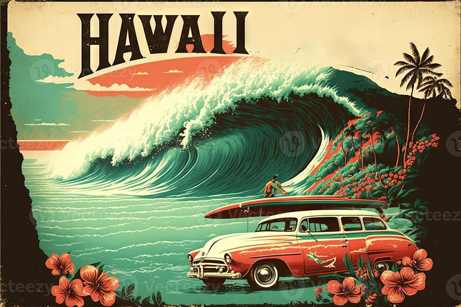 Hawaii retro Stil Kunst Poster Urlaub Surfen und Surfen Illustration generativ ai foto