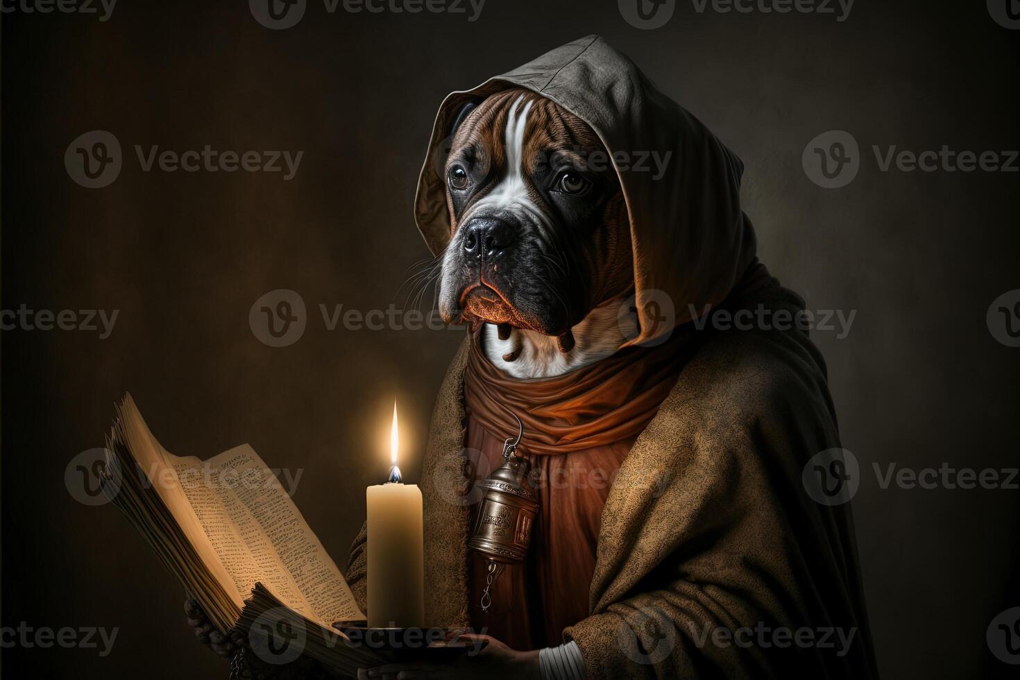 Hund wie mittelalterlich Priester oder Mönch Karikatur Charakter, mit Buch und Kerze generativ ai foto