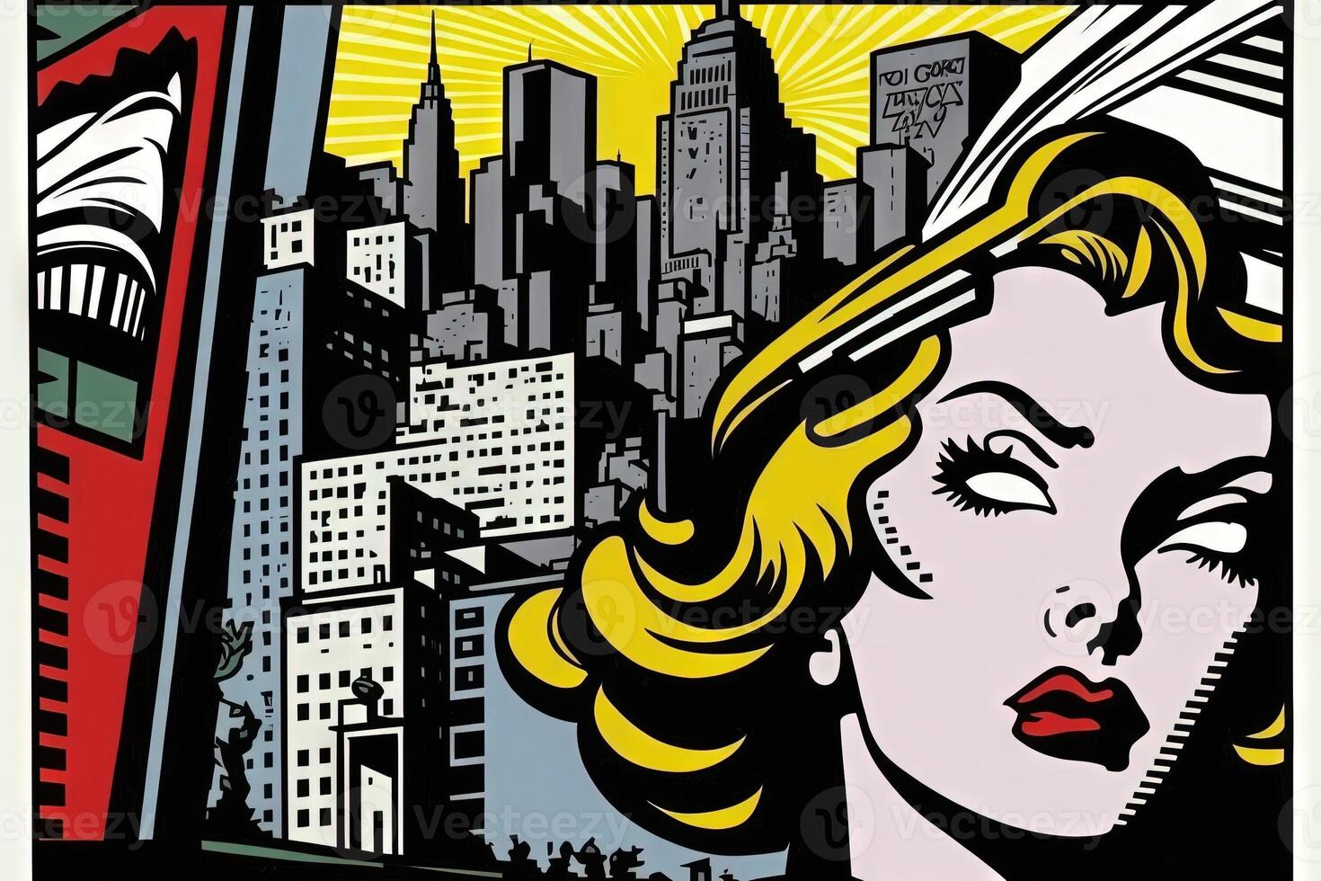 Roy Lichtenstein Stil imaginär Darstellung Neu York Stadt wenn gemalt durch Künstler Illustration generativ ai foto