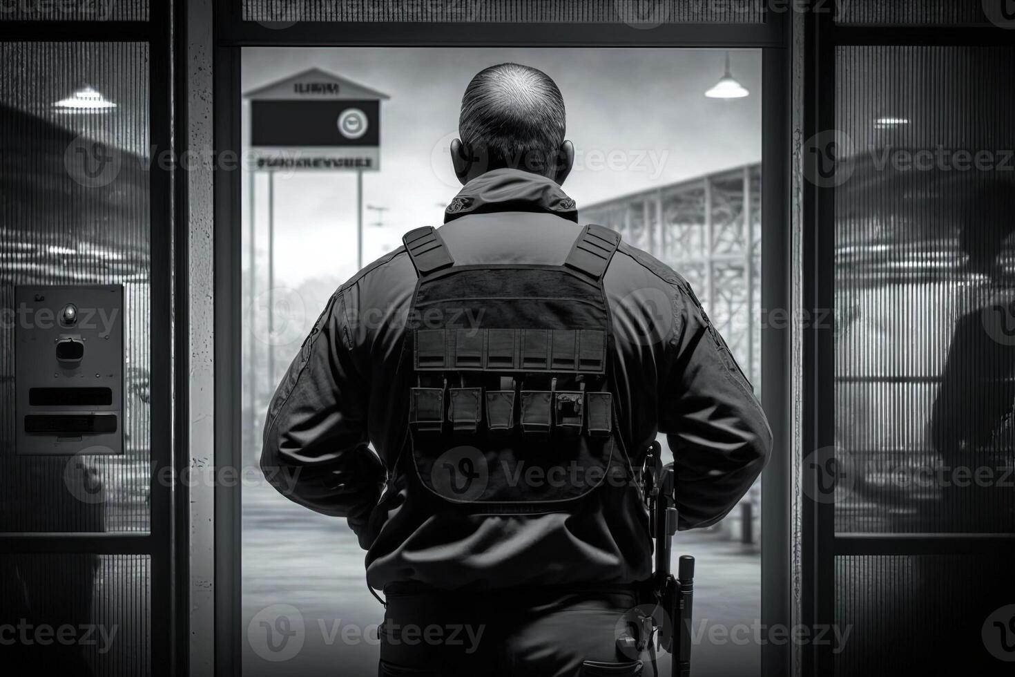 Sicherheit bewachen steuern Innen- Eingang Tor Aussicht von das zurück Detail von Gewehr Illustration generativ ai foto