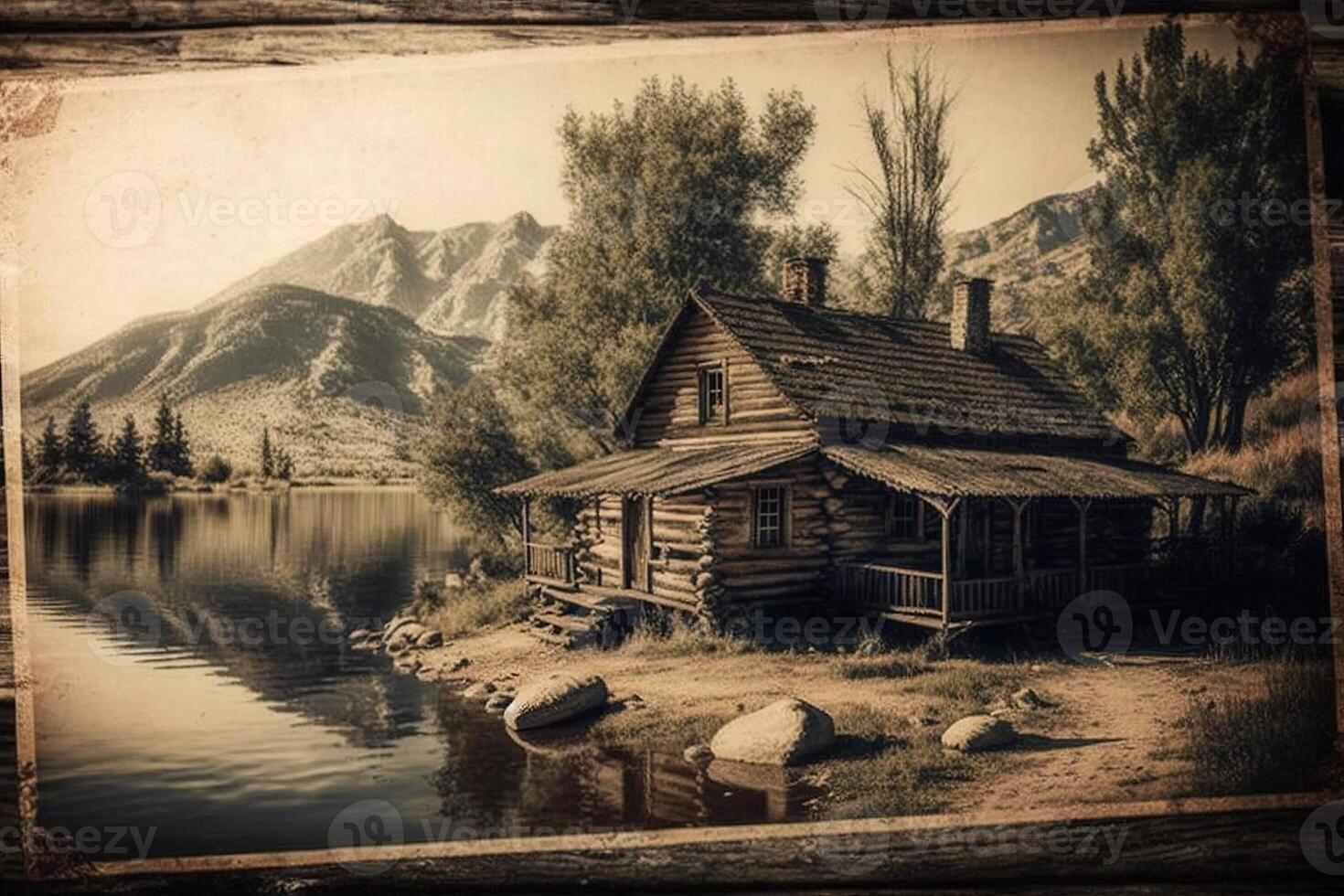 Jahrgang Stil Foto von hölzern Rückzug Hütte Kabine in der Nähe von ein See im das Wald Illustration generativ ai