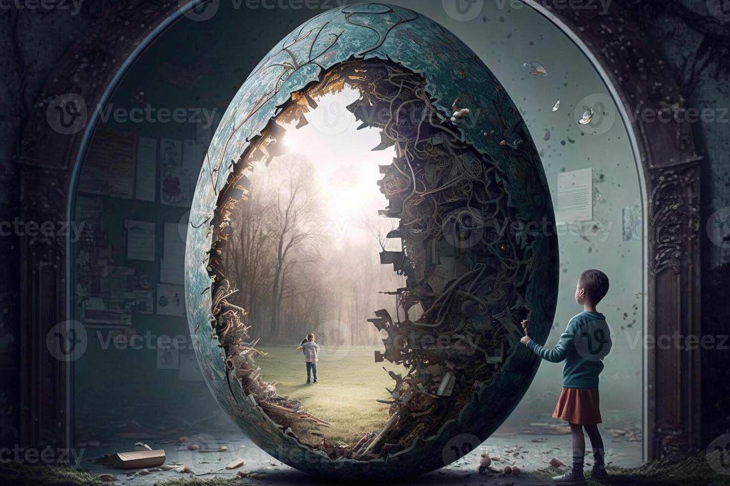ein Riese Ostern Ei, geknackt öffnen zu verraten ein magisch Welt Innerhalb Ostern Illustration generativ ai foto