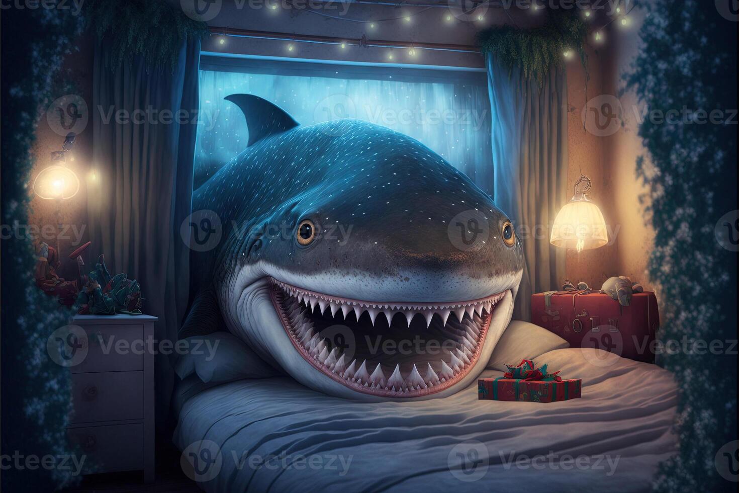 süß Hai Kommen zu Ihre Haus während Weihnachten Vorabend Nacht Karikatur Stil Illustration generativ ai foto