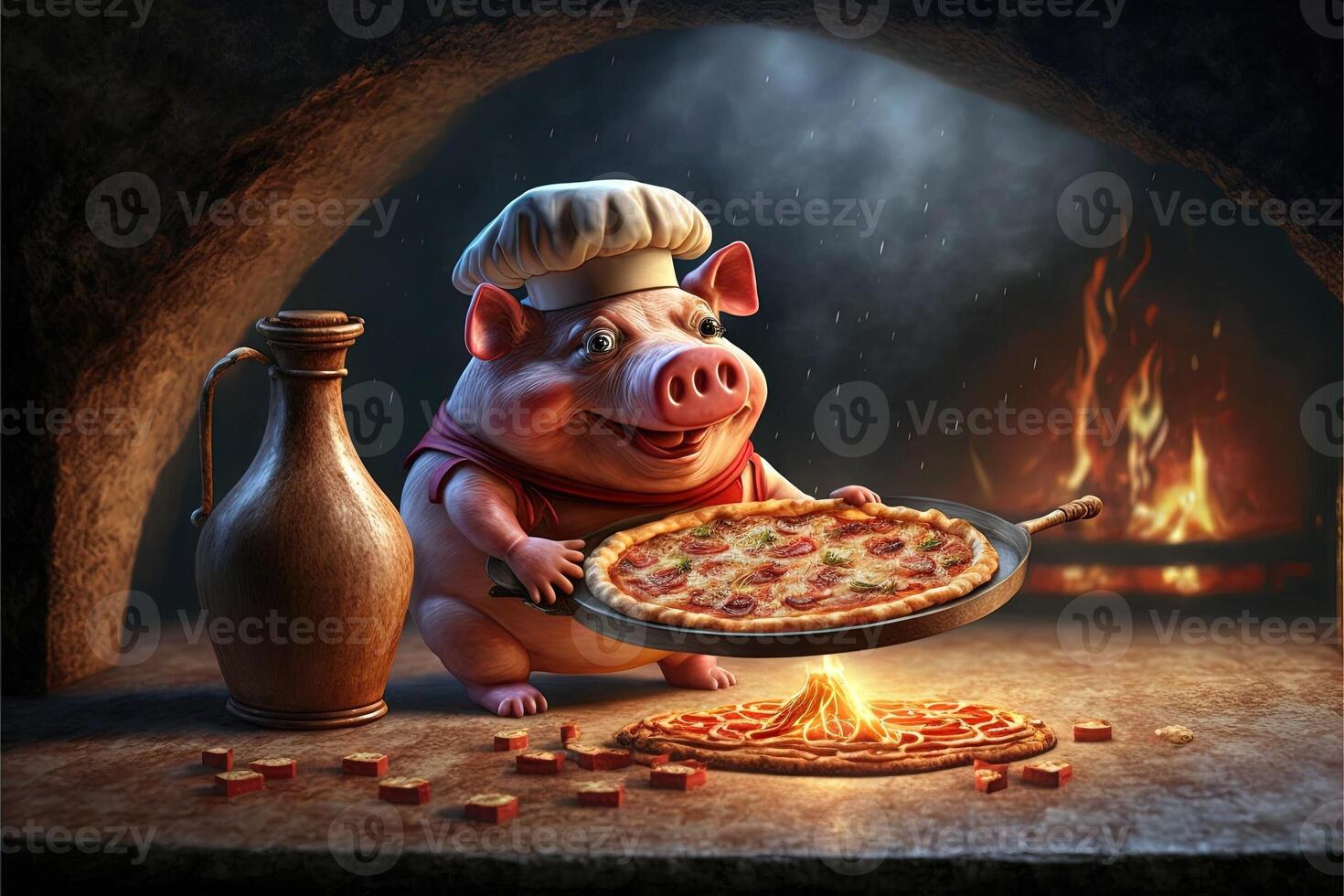 Schwein Kochen Pizza Illustration generativ ai foto