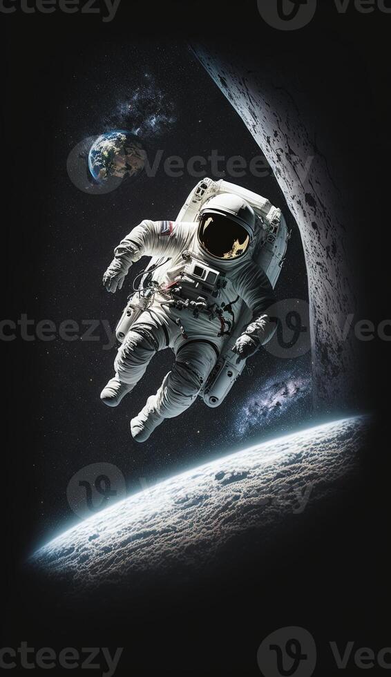Weltraumspaziergang, mit ein Astronaut schwebend über das Erde Smartphone Telefon Original Fantasie einzigartig Hintergrund sperren Bildschirm Hintergrund Illustration generativ ai foto