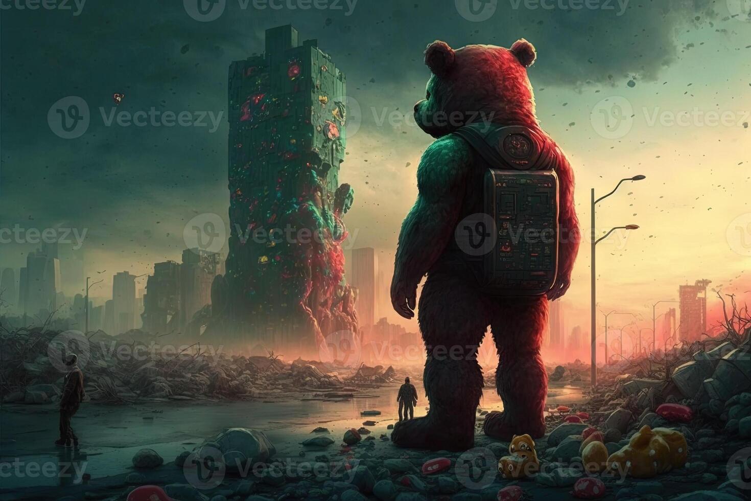 Post-apokalyptischen Welt wo das Reste von Gesellschaft sind Sein überlaufen durch Riese, animiert gummiartig Bären Illustration generativ ai foto