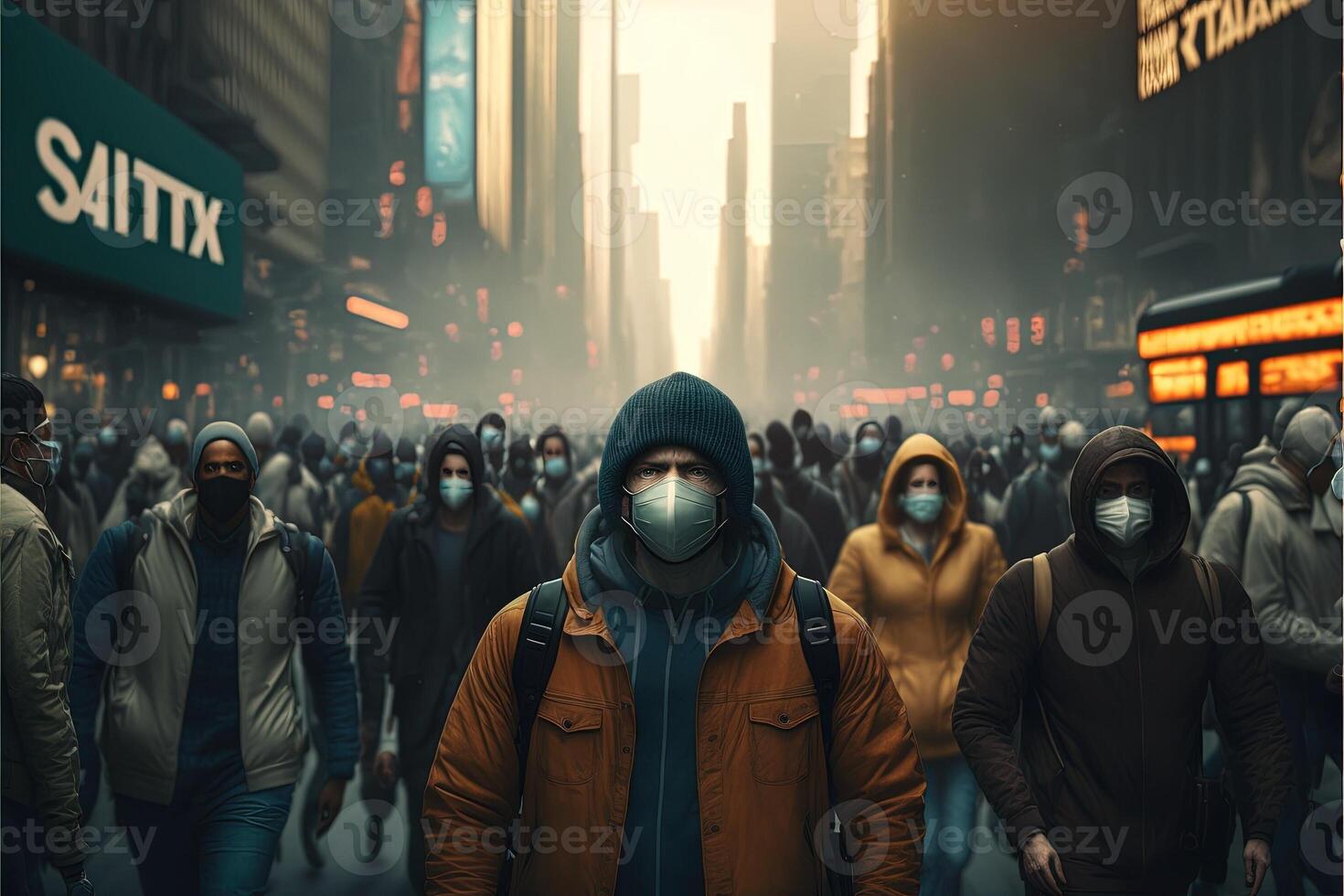 groß Stadt mit viele Menschen tragen Gesicht Maske weil von Rückkehr von covid Coronavirus Pandemie Illustration generativ ai foto