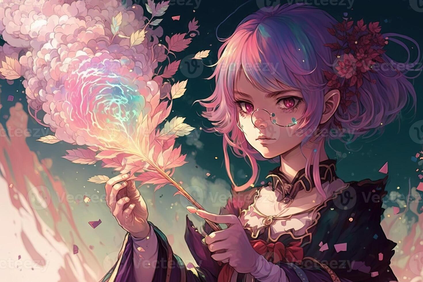 Manga Mädchen mit Rosa Haar und ein magisch Zauberstab, Gießen ein buchstabieren Das schafft ein Sturm von Regenbogen - - farbig Blumen, Manga Stil Illustration generativ ai foto