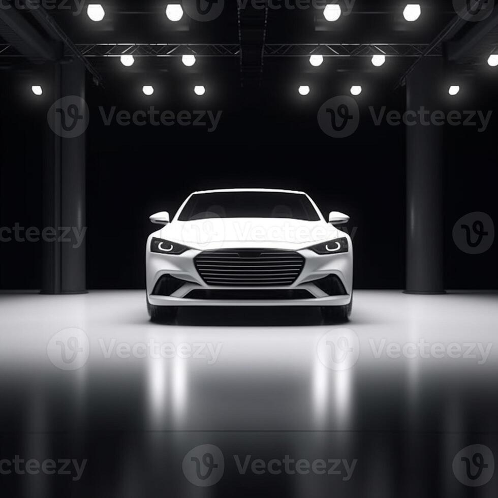 ai generativ Aussicht von ein generisch und Marke weniger modern Auto auf das Präsentation Bühne Hintergrund foto