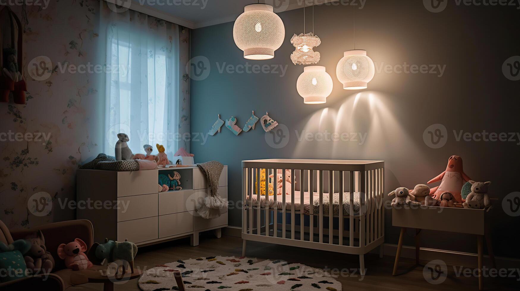 süß Innere von Licht Kinder- Zimmer mit Baby Bodys, Lampe und Tisch, ai generativ foto