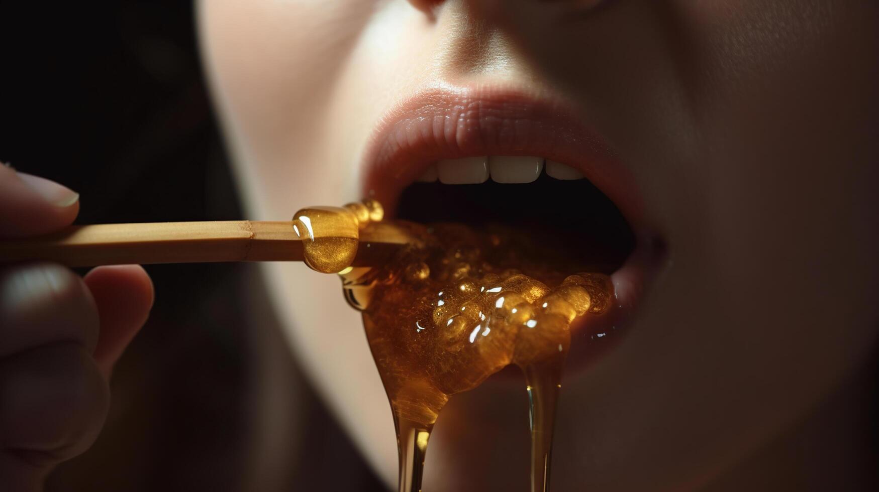 Honig tropft von Honig Schöpflöffel auf Mädchen Lippen. Schönheit Modell- Frau öffnen Mund, Modell- Essen Nektar. gesund Essen Konzept, Diät, Nachtisch, ai generativ foto