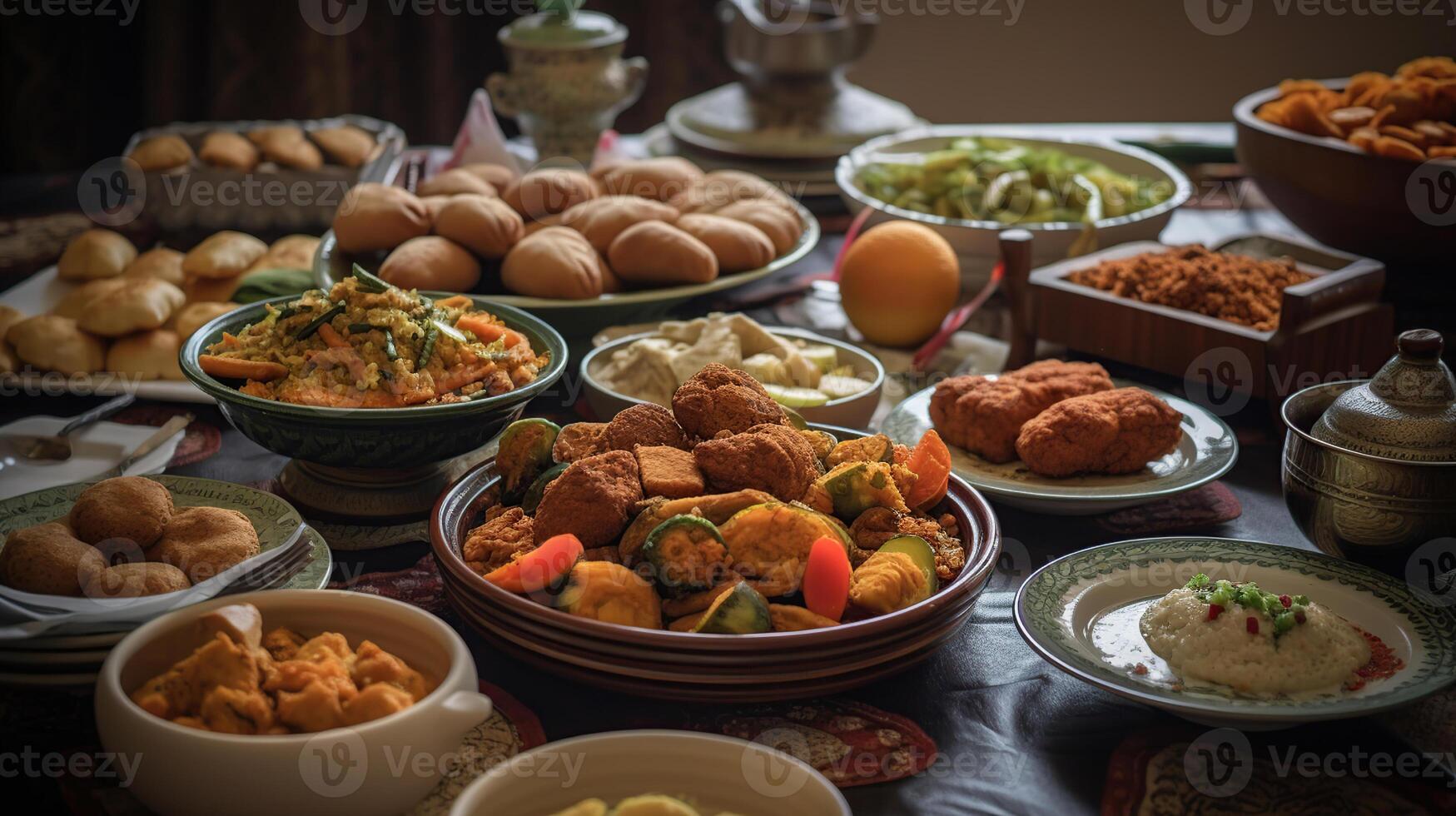 traditionell östlichen Geschirr auf Tisch. Feier von eid al-fitr, eid Adha, ai generativ foto