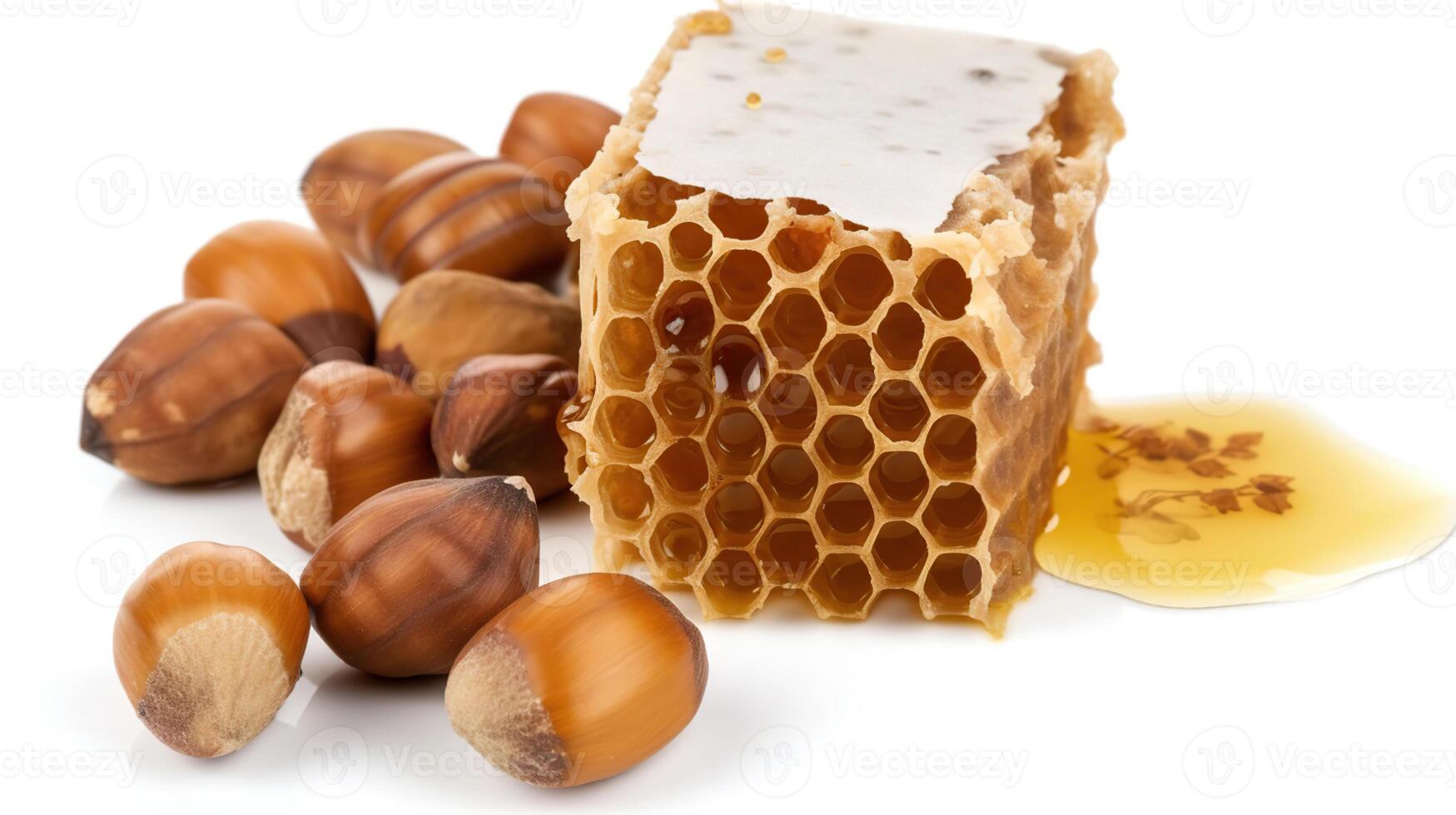 Haselnüsse und Bienenwabe isoliert auf Weiß Hintergrund. Paket Design Element mit Ausschnitt Weg, ai generativ foto