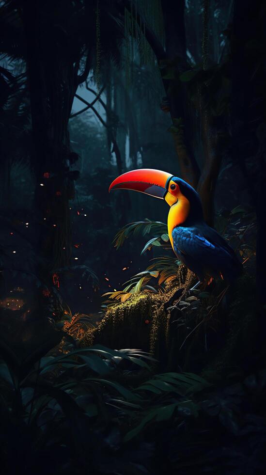 ein dunkel Nacht Wald mit Orange Schnabel Tukan mit rot Neon- Licht, ai generativ foto